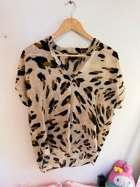 W5 Beige Leopard-Print V-Neck Blouse with Black & Brown Spots